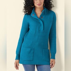 Soft Surroundings Teal Highland Sweater Pockets Women's Small Cotton Blend